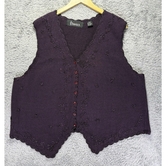 Vtg Stefano Basics Sz 18/22 Button Up Knit Sweater Vest Purple Embroidered Beads - Picture 1 of 9